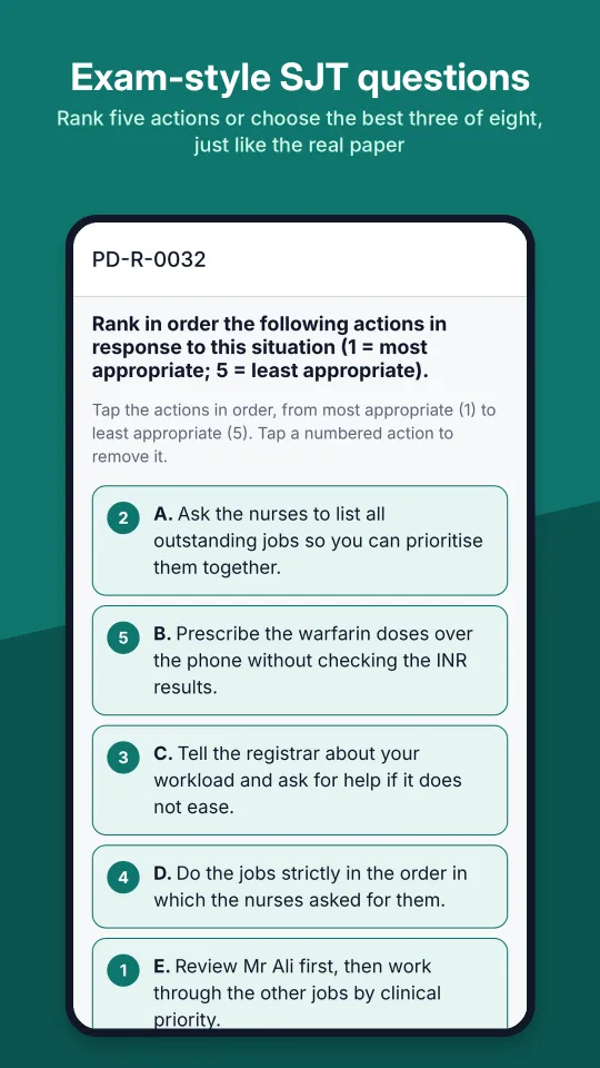 GPST Pro screenshot: Exam-style SJT questions. Rank five actions or choose the best three of eight, just like the real paper.
