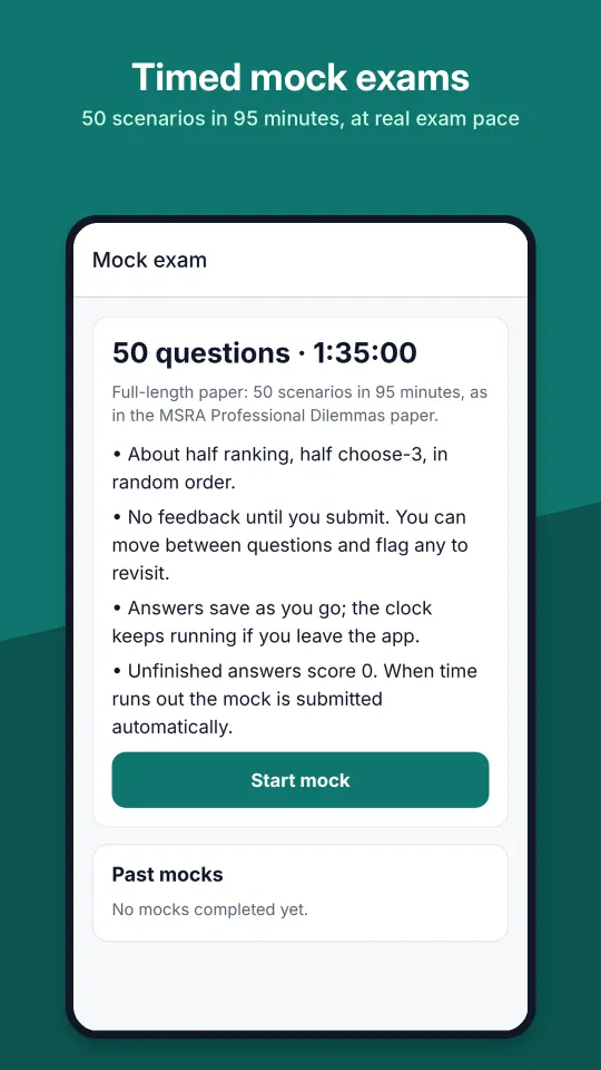 GPST Pro screenshot: Timed mock exams. 50 scenarios in 95 minutes, at real exam pace.