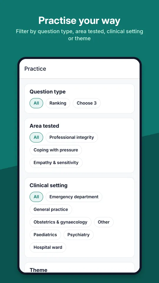GPST Pro screenshot: Practise your way. Filter by question type, area tested, clinical setting or theme.