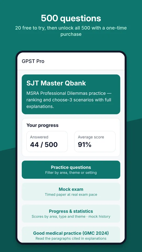GPST Pro home screen: 500 questions, 20 free to try, then unlock all 500 with a one-time purchase